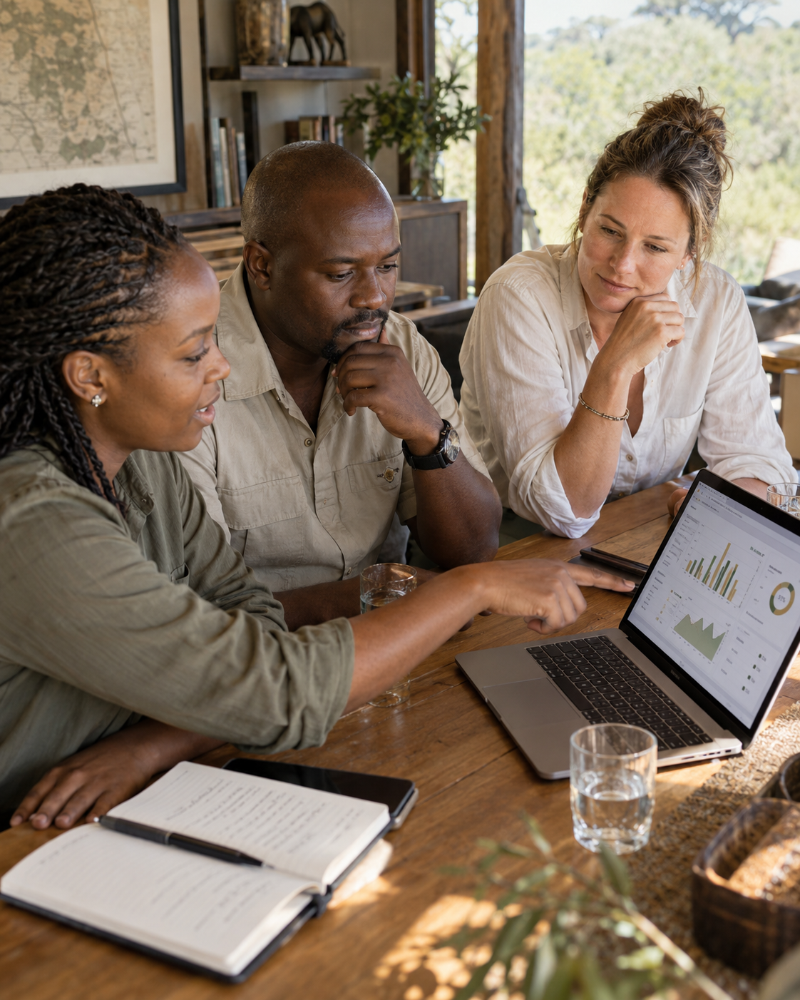 A diverse lodge leadership team reviewing a financial dashboard on a laptop
